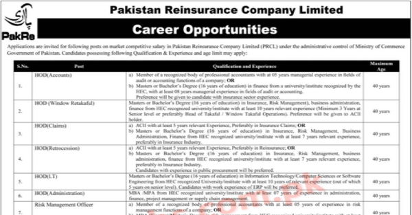 Pakistan Reinsurance Company Ltd (PakRe) Jobs 2022 for Management ...