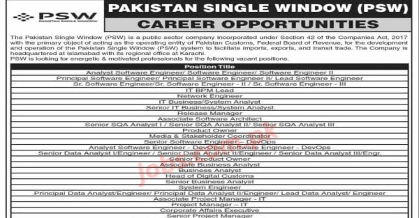 Pakistan Single Window (PSW) Jobs 2023 for Deputy Managers, Project Managers, IT Specialists, Software Engineers, Analysts and Other