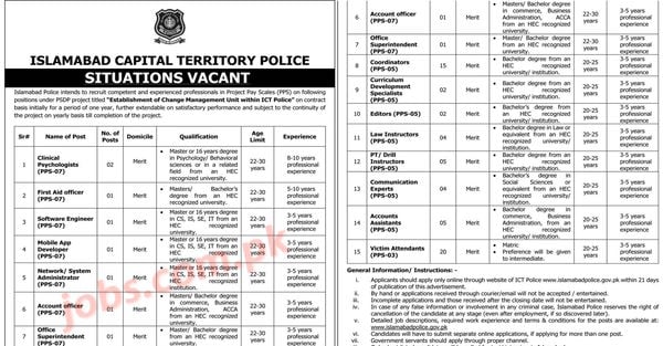 Islamabad Police Jobs 2023 for Coordinators, Superintendent, IT Staff, Admin, Accounts, Instructors, Attendants, Editors and Other [Date Extended]